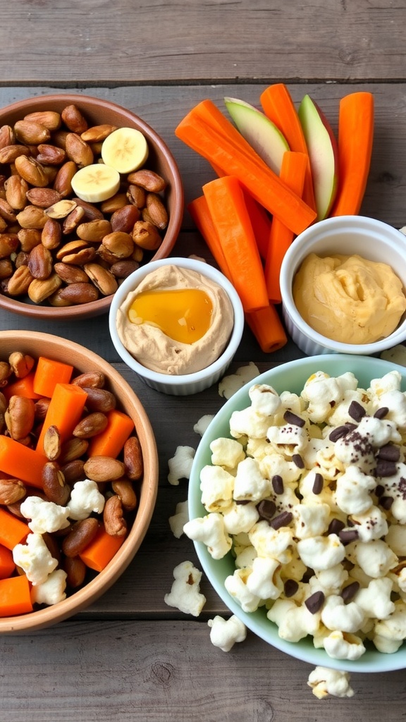 A variety of quick snacks including nuts, fruits with honey, hummus with carrots, and chocolate popcorn on a rustic table.